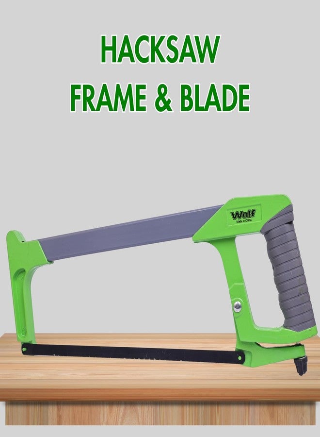 WULF 12 Inch Adjustable Hacksaw Frame (Green) | Heavy Duty Steel Frame with Ergonomic Handle | Compatible with Standard Hacksaw Blades | Ideal for Metal, Wood & Plastic Cutting | Hand Tool - Image 2